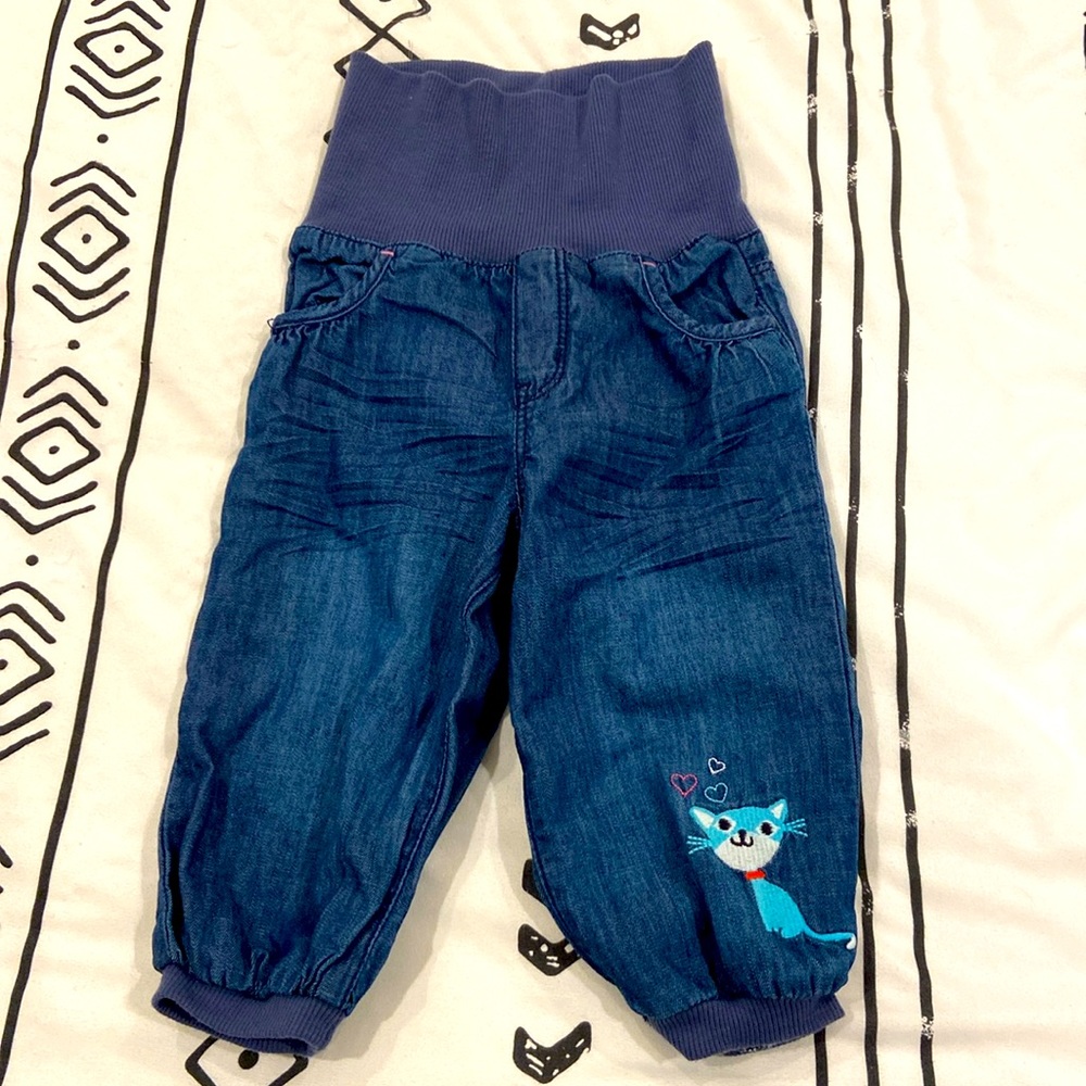Cozy Pull-Up Jeans for Baby with Cat